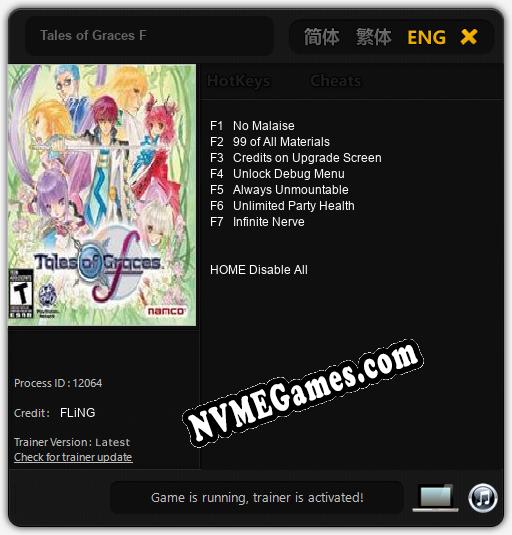 Treinador liberado para Tales of Graces F [v1.0.8]