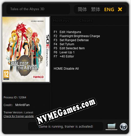 Tales of the Abyss 3D: Cheats, Trainer +7 [MrAntiFan]