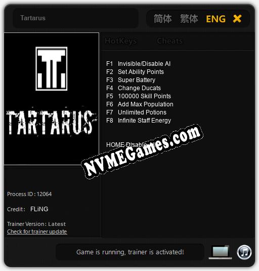 Treinador liberado para Tartarus [v1.0.2]