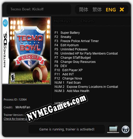 Tecmo Bowl: Kickoff: Cheats, Trainer +15 [MrAntiFan]