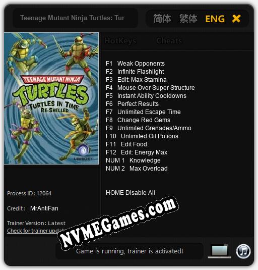 Treinador liberado para Teenage Mutant Ninja Turtles: Turtles in Time Re-Shelled [v1.0.1]