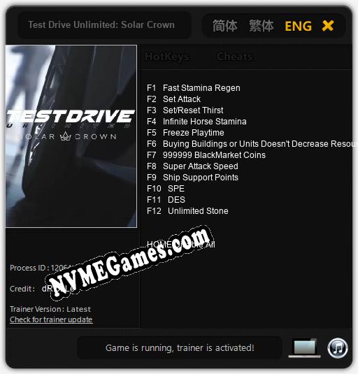 Treinador liberado para Test Drive Unlimited: Solar Crown [v1.0.6]