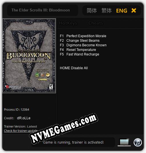 Treinador liberado para The Elder Scrolls III: Bloodmoon [v1.0.7]