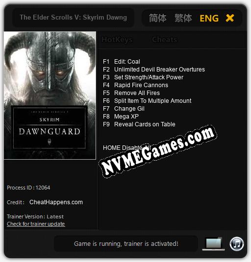 Treinador liberado para The Elder Scrolls V: Skyrim Dawnguard [v1.0.6]