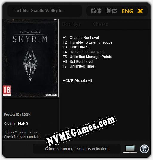 Treinador liberado para The Elder Scrolls V: Skyrim [v1.0.6]