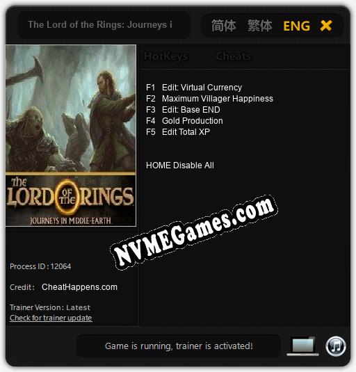 Treinador liberado para The Lord of the Rings: Journeys in Middle-earth [v1.0.3]