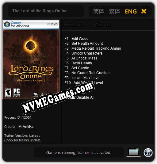 Treinador liberado para The Lord of the Rings Online [v1.0.4]