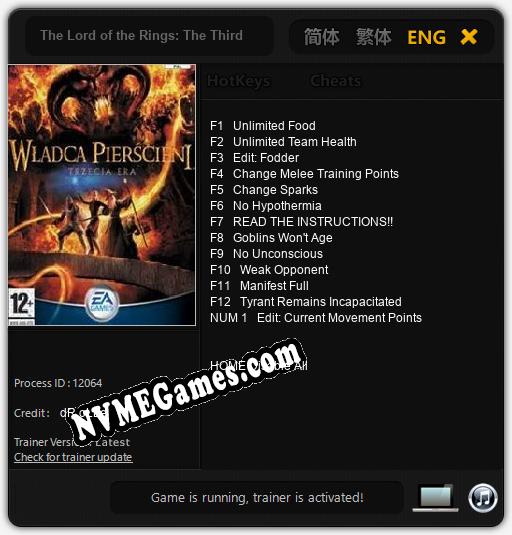 Treinador liberado para The Lord of the Rings: The Third Age [v1.0.4]