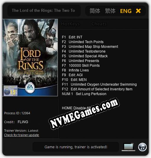 Treinador liberado para The Lord of the Rings: The Two Towers [v1.0.8]