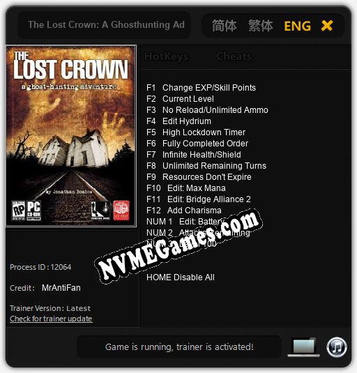 The Lost Crown: A Ghosthunting Adventure: Treinador (V1.0.42)