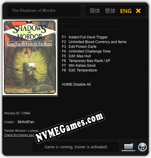 The Shadows of Mordor: Cheats, Trainer +8 [MrAntiFan]