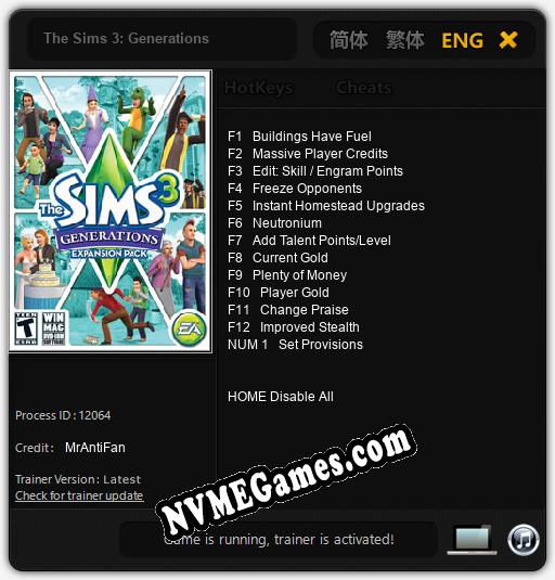 Treinador liberado para The Sims 3: Generations [v1.0.1]