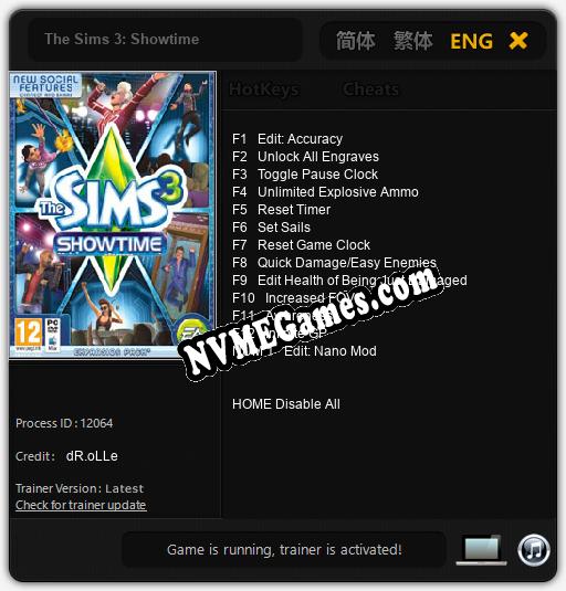 Treinador liberado para The Sims 3: Showtime [v1.0.3]