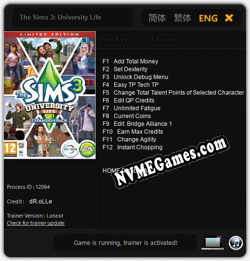 Treinador liberado para The Sims 3: University Life [v1.0.6]