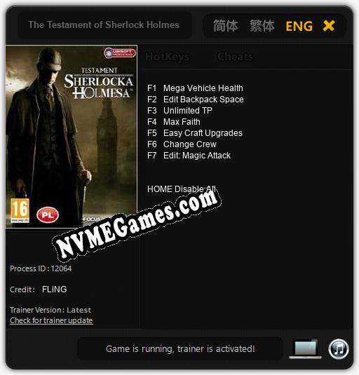 Treinador liberado para The Testament of Sherlock Holmes [v1.0.3]