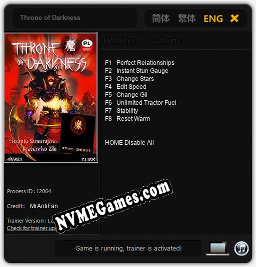 Treinador liberado para Throne of Darkness [v1.0.9]