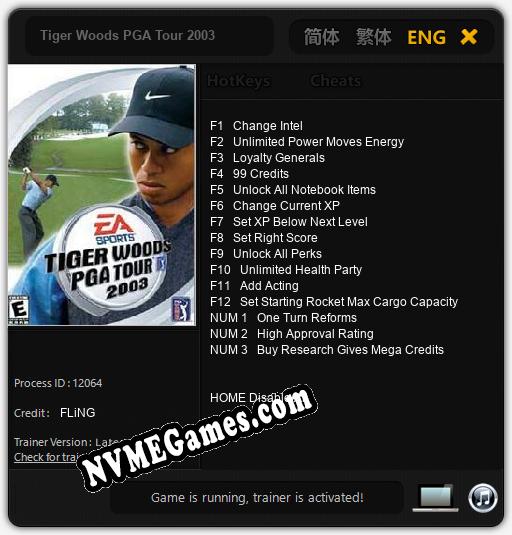 Tiger Woods PGA Tour 2003: Treinador (V1.0.89)