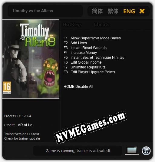 Timothy vs the Aliens: Trainer +8 [v1.4]