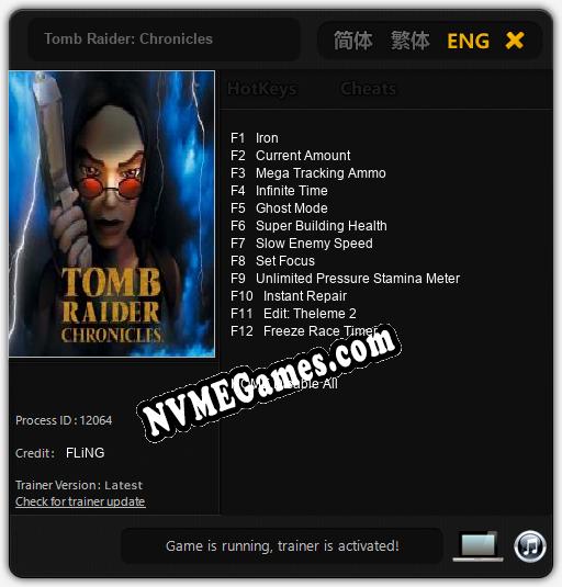 Tomb Raider: Chronicles: Cheats, Trainer +12 [FLiNG]