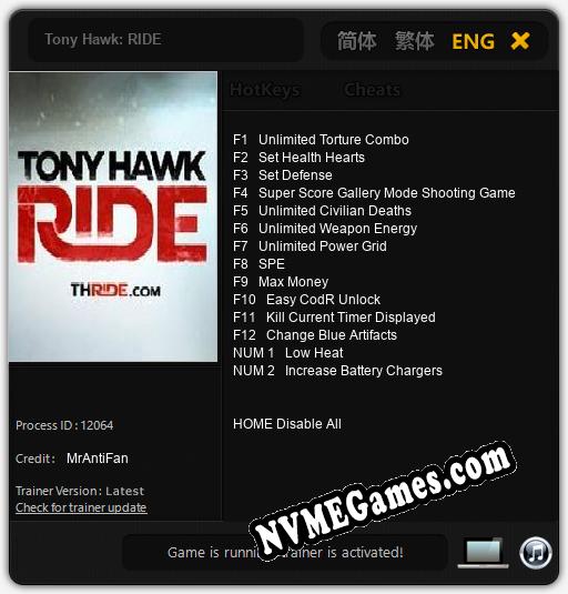 Tony Hawk: RIDE: Trainer +14 [v1.7]