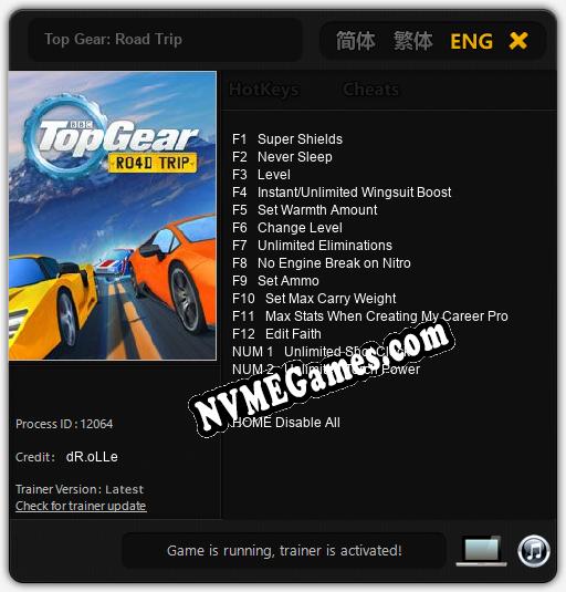 Treinador liberado para Top Gear: Road Trip [v1.0.5]