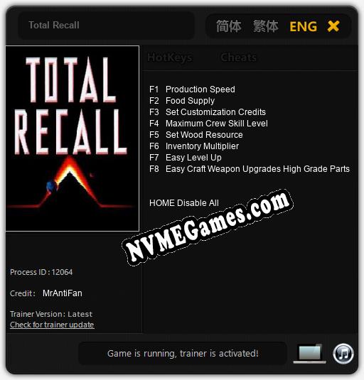 Total Recall: Cheats, Trainer +8 [MrAntiFan]