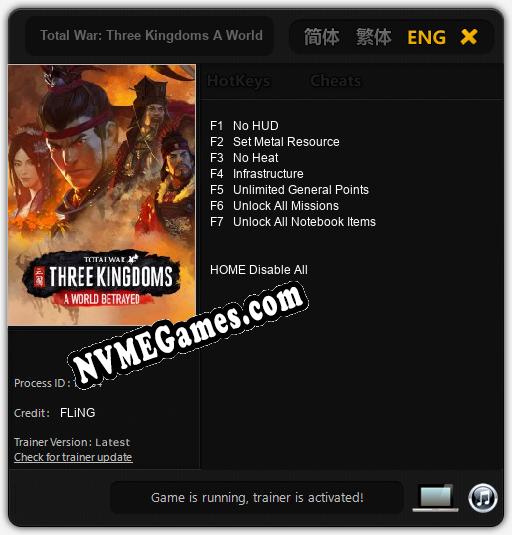 Treinador liberado para Total War: Three Kingdoms A World Betrayed [v1.0.3]