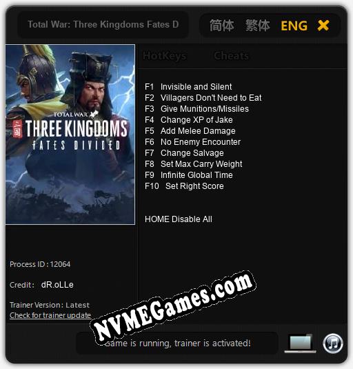 Total War: Three Kingdoms Fates Divided: Treinador (V1.0.40)