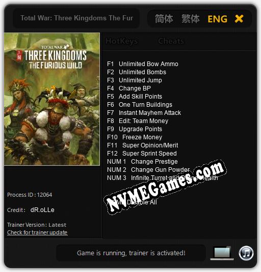 Treinador liberado para Total War: Three Kingdoms The Furious Wild [v1.0.6]