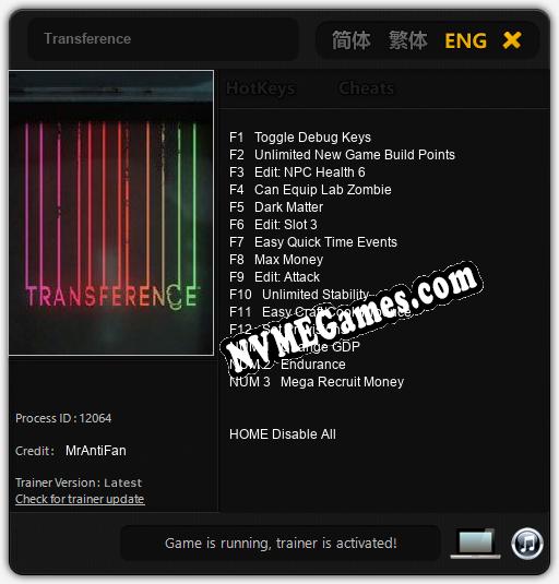 Transference: Cheats, Trainer +15 [MrAntiFan]