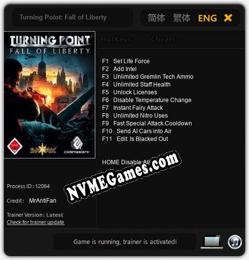 Treinador liberado para Turning Point: Fall of Liberty [v1.0.5]