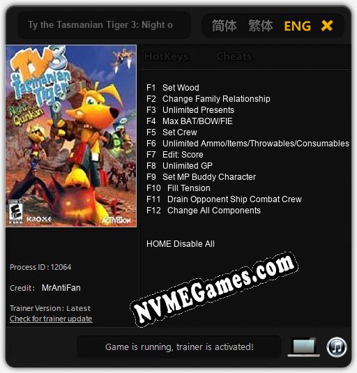 Ty the Tasmanian Tiger 3: Night of the Quinkan: Trainer +12 [v1.1]