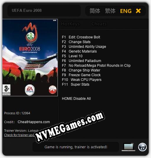 UEFA Euro 2008: Cheats, Trainer +11 [CheatHappens.com]