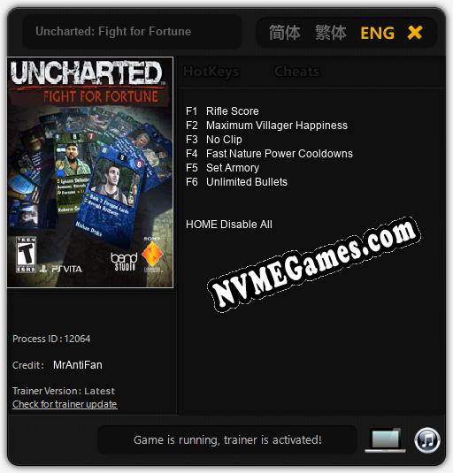 Treinador liberado para Uncharted: Fight for Fortune [v1.0.8]