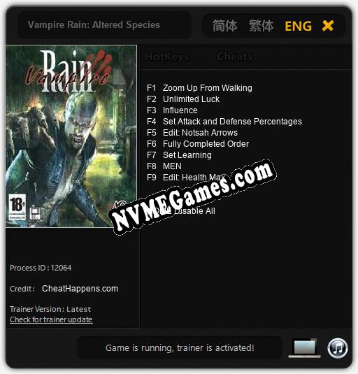 Vampire Rain: Altered Species: Cheats, Trainer +9 [CheatHappens.com]