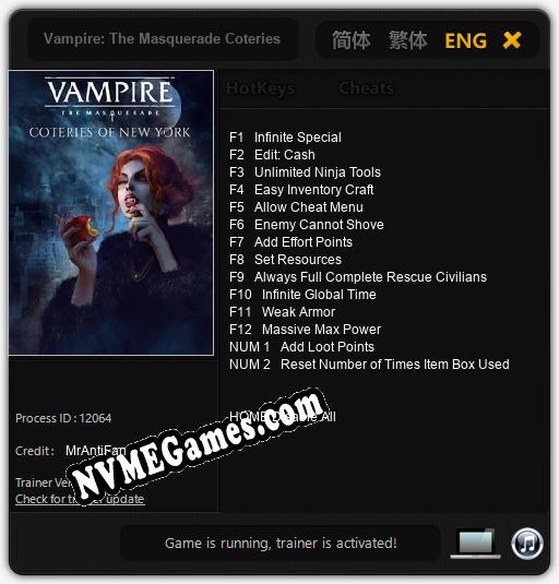 Vampire: The Masquerade Coteries of New York: Treinador (V1.0.71)