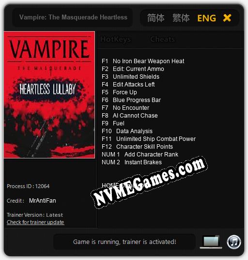 Treinador liberado para Vampire: The Masquerade Heartless Lullaby [v1.0.8]