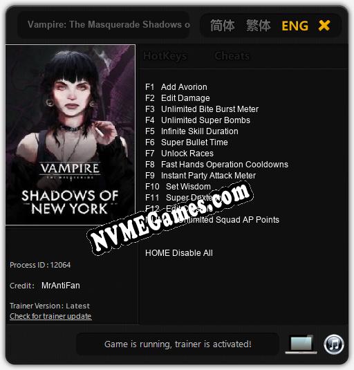 Treinador liberado para Vampire: The Masquerade Shadows of New York [v1.0.8]