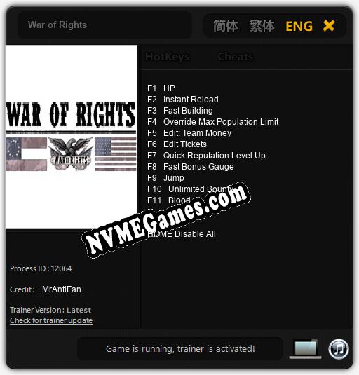 War of Rights: Trainer +11 [v1.1]