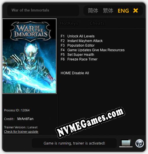 Treinador liberado para War of the Immortals [v1.0.6]