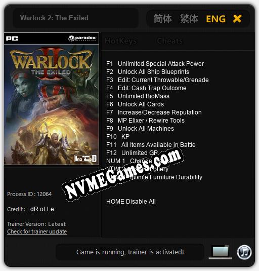 Treinador liberado para Warlock 2: The Exiled [v1.0.5]