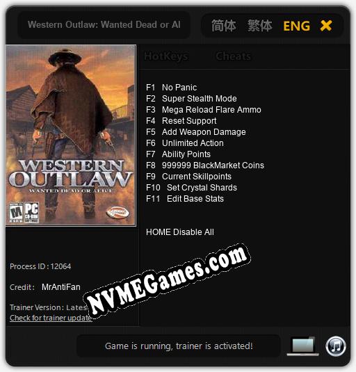 Treinador liberado para Western Outlaw: Wanted Dead or Alive [v1.0.8]