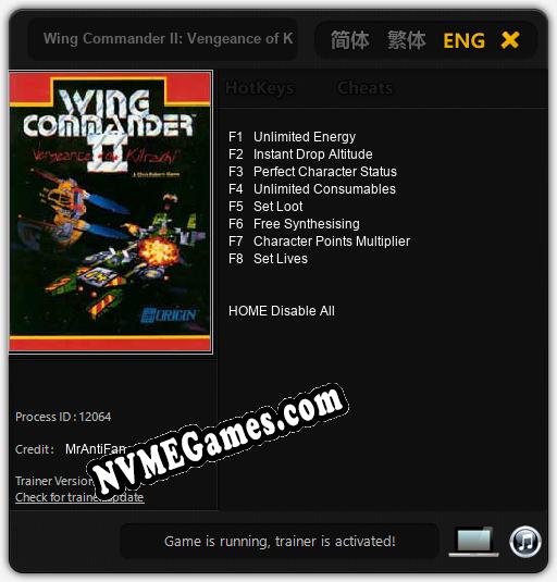 Wing Commander II: Vengeance of Kilrathi: Cheats, Trainer +8 [MrAntiFan]