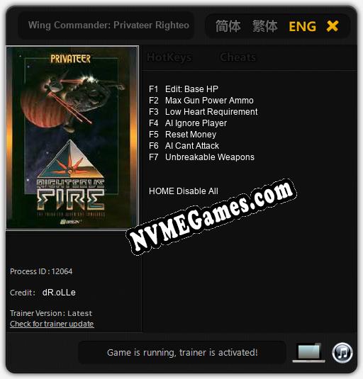 Wing Commander: Privateer Righteous Fire: Cheats, Trainer +7 [dR.oLLe]