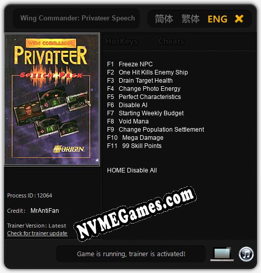 Treinador liberado para Wing Commander: Privateer Speech Pack [v1.0.8]