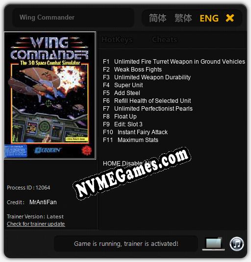 Treinador liberado para Wing Commander [v1.0.8]