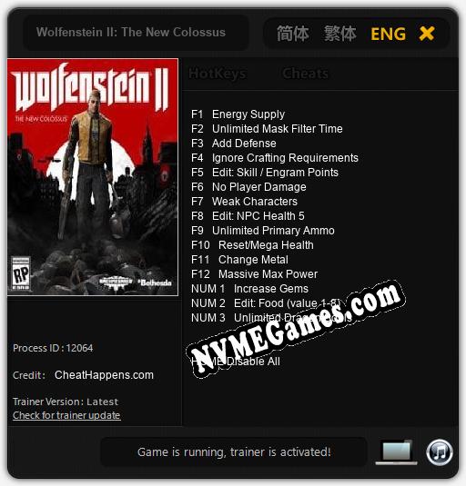 Wolfenstein II: The New Colossus: Treinador (V1.0.91)