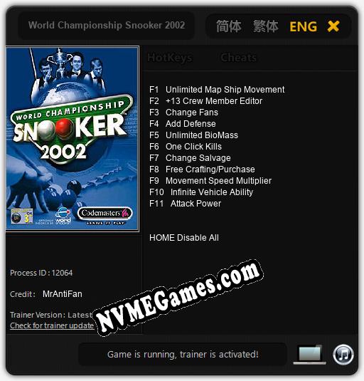 World Championship Snooker 2002: Treinador (V1.0.23)