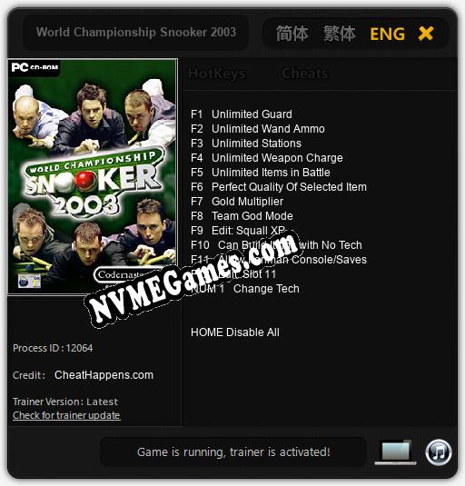 World Championship Snooker 2003: Cheats, Trainer +13 [CheatHappens.com]