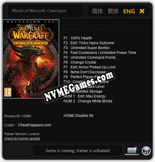 Treinador liberado para World of Warcraft: Cataclysm [v1.0.5]